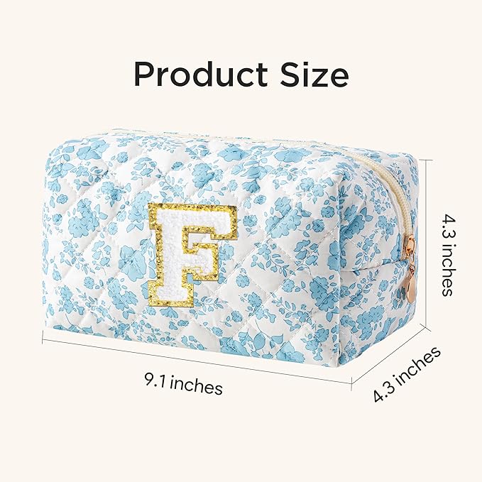HBselect Initial Makeup Bag for Women, Quilted Cosmetic Travel Toiletry Bag, Flowers Zipper Make Up Pouch Organizer Teen Girl Gifts Trendy Stuff F