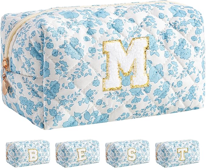 HBselect Initial Makeup Bag for Women, Quilted Cosmetic Travel Toiletry Bag, Flowers Zipper Make Up Pouch Organizer Teen Girl Gifts Trendy Stuff M