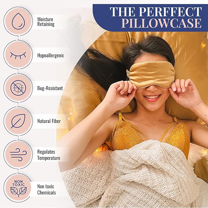 Blissy Silk Pillowcase - 100% Pure Mulberry Silk - 22 Momme 6A High-Grade Fibers - Silk Pillow Cover for Hair & Skin - Regular, Queen & King (Gold, King)