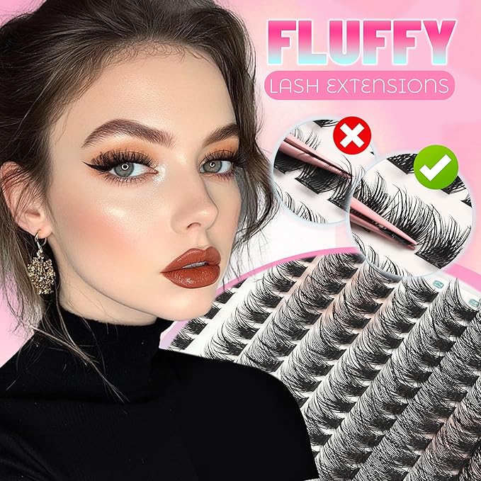Lash Clusters 144PCS Individual Lashes 8-16MM Mixed Eyelash Clusters D Curl Cluster Lashes Fluffy Cluster Eyelash Extensions DIY Eyelashes Extension at Home (Fluffy-D)
