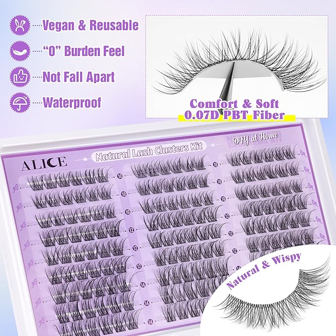 ALICE Wispy Lash Clusters Kit, Natural Lash Extension Kit Cluster Eyelash Extension Kit, 162pcs C-Curly 10-14mm Eyelash Clusters with Lash Glue Bond and Seal Tweezers