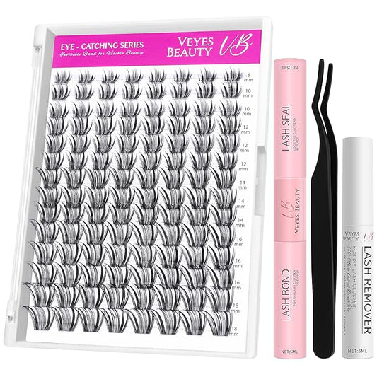 VEYESBEAUTY Crown Lash Clusters Kit Individual Lash Extensions Eye-Catching Series DIY Dramatic Eyelash Wispy Faux Mink Lash Mixed Length Tray with Bond & Seal, Applicator at Home