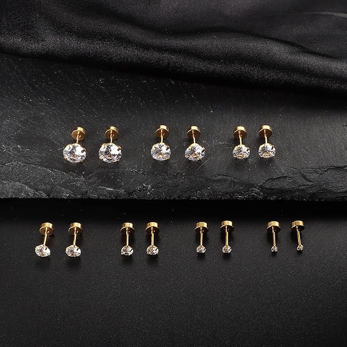 Fansilver 20G Hypoallergenic Flat Back Earrings for Women Men Silver 14K Gold Stainless Steel Stud Earrings Brithstone Cubic Zirconia Studs Surgical Steel Cartilage Earrings for Sensitive Ears