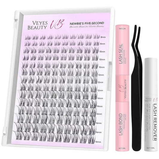 VEYESBEAUTY Aliva Cluster Lashes Kit Individual Lash Extensions Newbie's Five-Second DIY Dramatic Volume Eyelash Wispy Faux Mink Lash Mixed Length Tray with Bond & Seal, Applicator at Home