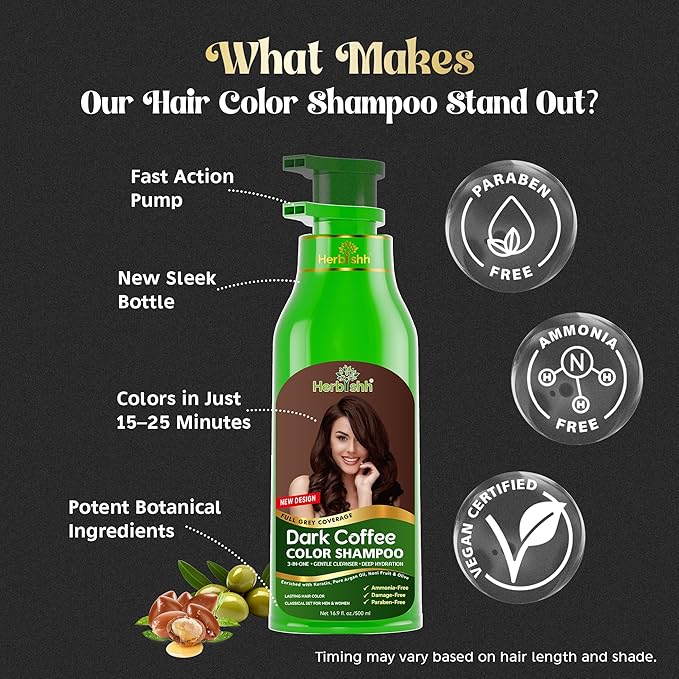 Herbishh Hair Color Shampoo for Gray Hair – Natural Hair Dye Shampoo – Colors Hair in Minutes – Lasts Up To 3-4 Weeks – 500ML – 3-In-1 Hair Color – Colors, Cleanses, and Conditions (Dark Coffee)