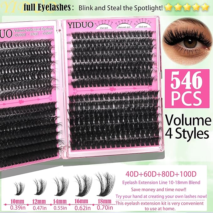 YIDUO Lashes Clusters Kit 1846Pcs Bulk Packs Volume False Eyelash Extensions D Curl Wispy Individual Eyelashes, Volume Studio Effect, Wholesale Large Pack with Glue&Seal|Tweezers|Removers|Cleanser