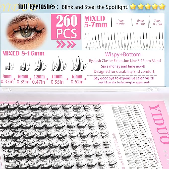 YIDUO Fairy Manga lashes Clusters with Bottom Lashes Clusters Kit Gift Packs 604Pcs 5-16mm Soft Extension False Eyelash D Curl Wispy Natural Wet-Look Lashes Extensions Combo Pack with Glue Removers