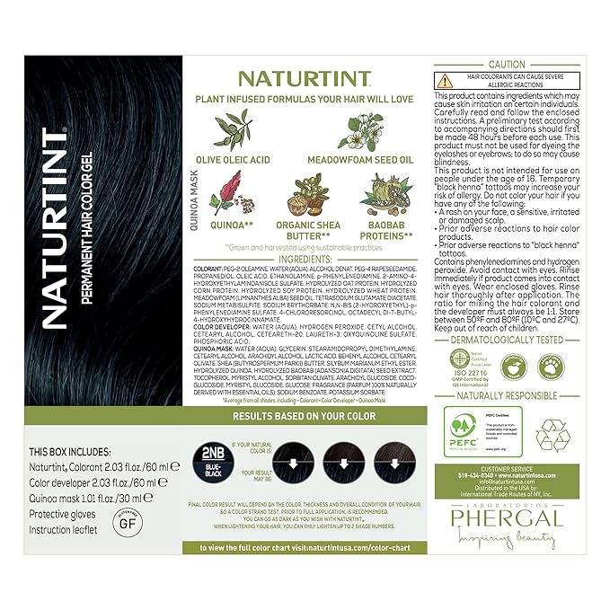 Naturtint 2NB Blue Black Permanent Hair Color (Pack of 1), Ammonia Free, Vegan, Cruelty Free, up to 100% Gray Coverage, Long Lasting Results (Packaging may vary)