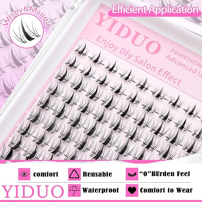 YIDUO Lashes Clusters Fairy Manga Eyelash Clusters 140pcs Wispy Natural Wet-Look Lashes Extension 8-18mm D Curl Widespan Cluster Eyelash Extensions DIY Individual Lashes with Soft Thin clear Lash Band