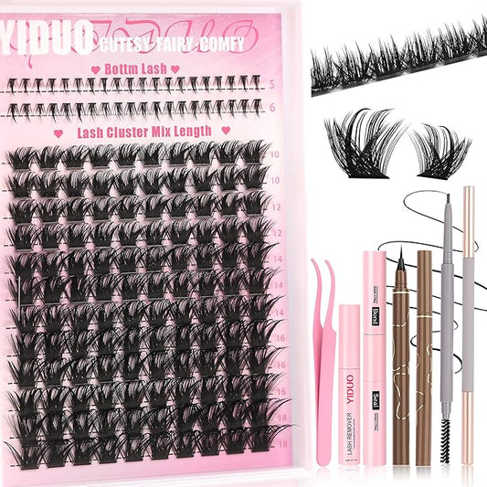 YIDUO Thick Manga Lash Clusters with Bottom Clusters Lashes Extensions Kit 10-18mm Wispy Volume Anime Eyelashes Clusters Kit with Bond and Seal|Eye Liner|Waterproof Eyebrow, DIY Lash Extension Kit