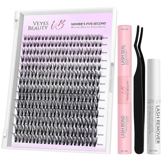 VEYESBEAUTY Ribbon Cluster Lashes Kit Individual Lash Extensions Newbie's Five-Second DIY Dramatic Volume Eyelash Wispy Faux Mink Lash Mixed Length Tray with Bond & Seal, Applicator at Home