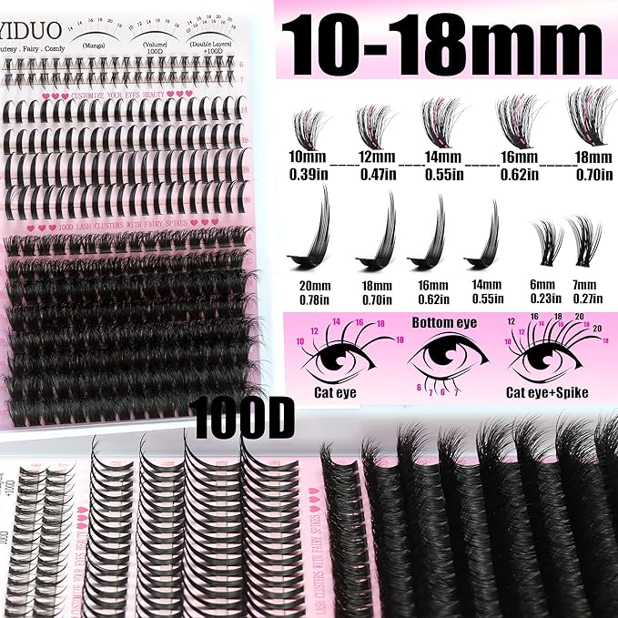 YIDUO 100D Volume Lash Clusters Kit with Long 14-16mm Lashes Spikes+Bottom Clusters Eyelash Extension Kit Thick 248Pcs D-curly Wispy Individual Lash Extensions Kit DIY Spiky Lash Bond and Seal