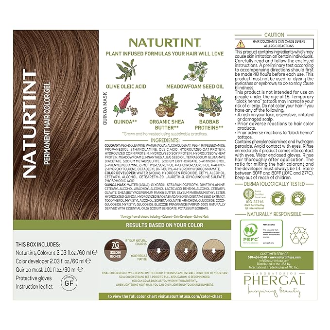 Naturtint 7G Golden Blonde Permanent Hair Color (Pack of 1), Ammonia Free, Vegan, Cruelty Free, up to 100% Gray Coverage, Long Lasting Results (Packaging may vary)