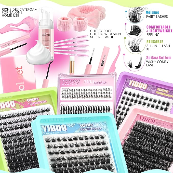 YIDUO Lash Clusters Kit 6 Styles Bulk Packs Eyelash Extensions Volume/Manga/ultra/Dramatic with pikes Bottom Lashes Clusters Kit 5-20mm Wispy D Curl Individual Fake Eyelashes Kit DIY at Home Easily