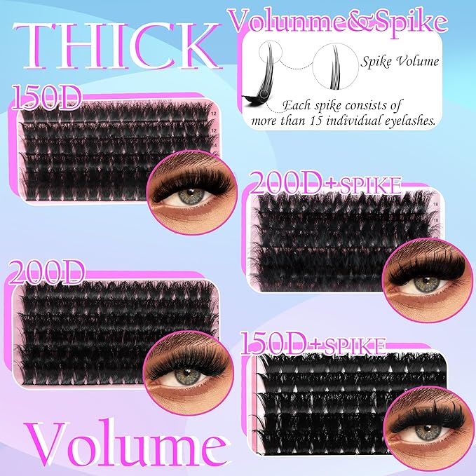 YIDUO 575Pcs Lashes Clusters Kit with Glue and Removers, D Curl Volume 150D+200D Thick+Spiky Lashes Extension, 12-21mm Thick Extension Eyelashes DIY Individual False Eyelash Kit DIY at Home Easily