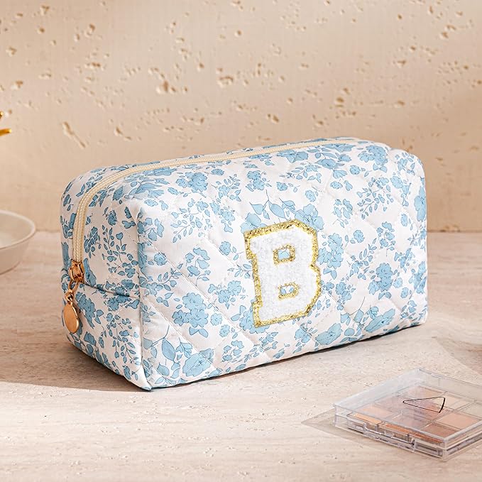 HBselect Initial Makeup Bag for Women, Quilted Cosmetic Travel Toiletry Bag, Flowers Zipper Make Up Pouch Organizer Teen Girl Gifts Trendy Stuff B