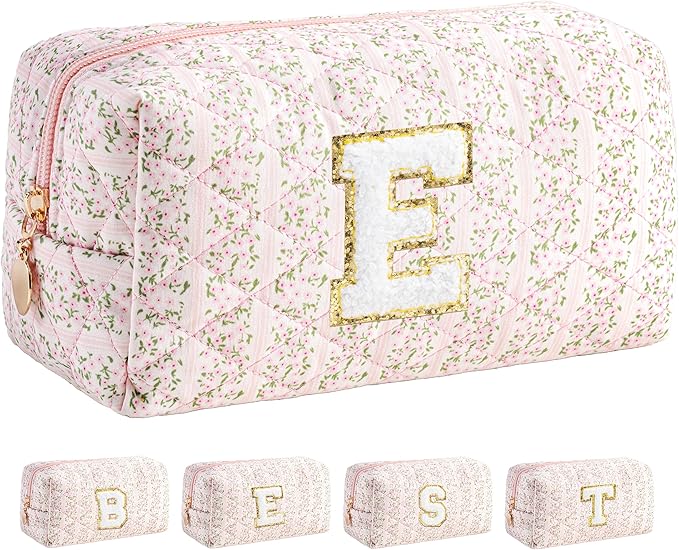 HBselect Initial Makeup Bag for Women, Pink Cosmetic Travel Toiletry Bag, Flowers Zipper Make Up Pouch Organizer Teen Girl Gifts Trendy Stuff E