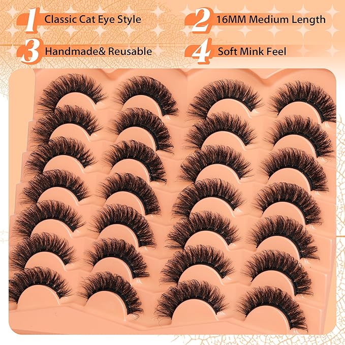 JIMIRE False Eyelashes 14 Pairs Full Faux Mink Lashes Fluffy D Curl Strip Lashes Look Like Eyelash Extensions 15MM Wispy Eyelashes Natural Fake Lashes Pack