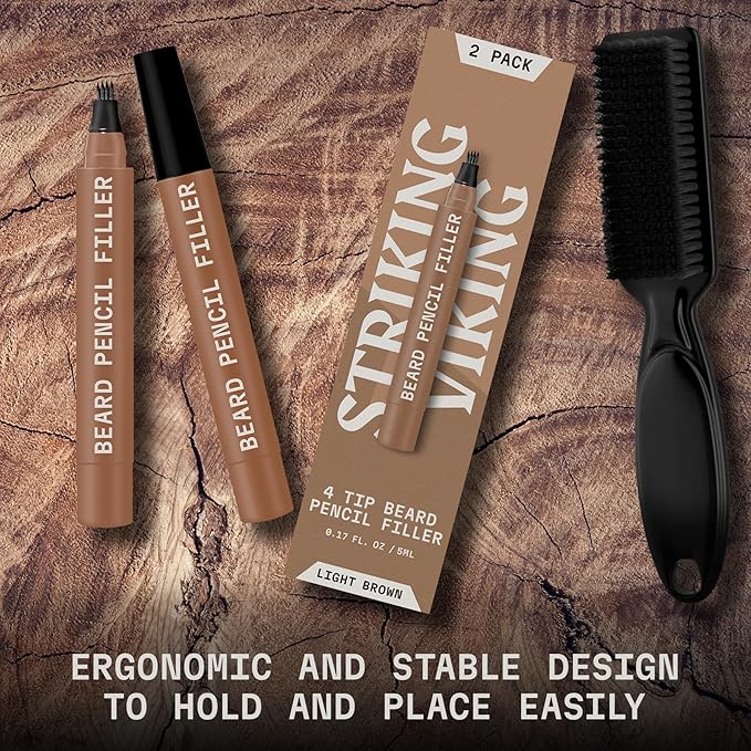 Striking Viking Beard Pencil Filler Pen Kit - 2 Pack, Light Brown - Precision Tip for Stubble Color - Gap-Filling Coverage with Beard Filler Pen Light Brown