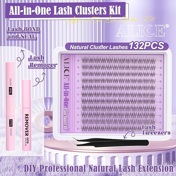 Natural Lash Clusters Kit Invisible Band Wispy Lash Extensions Kit Short 11-13mm DIY Eyelash Extensions Individual Cluster Lashes Kit with Lash Remover by ALICE