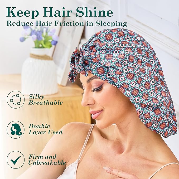 Silk Satin Bonnet for Sleeping Hair: Women Sleep Night Wrap Cap for Straight Wavy Curly Coily Kinky Natural Hair Head by Tie Band - Red & Green Crossed Flower + Pink