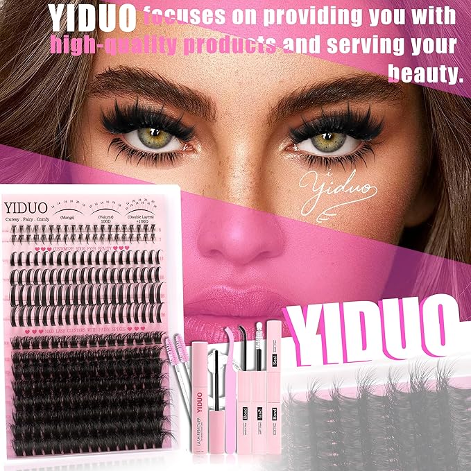 YIDUO 100D Volume Lash Clusters Kit with Long 14-16mm Lashes Spikes+Bottom Clusters Eyelash Extension Kit Thick 248Pcs D-curly Wispy Individual Lash Extensions Kit DIY Spiky Lash Bond and Seal