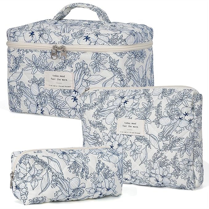 Makeup Bag,Quilted Cosmetic Bags,Large Floral Make Up Organize bag,Makeup Bag Set for Women,Flower Travel Toiletry Bag