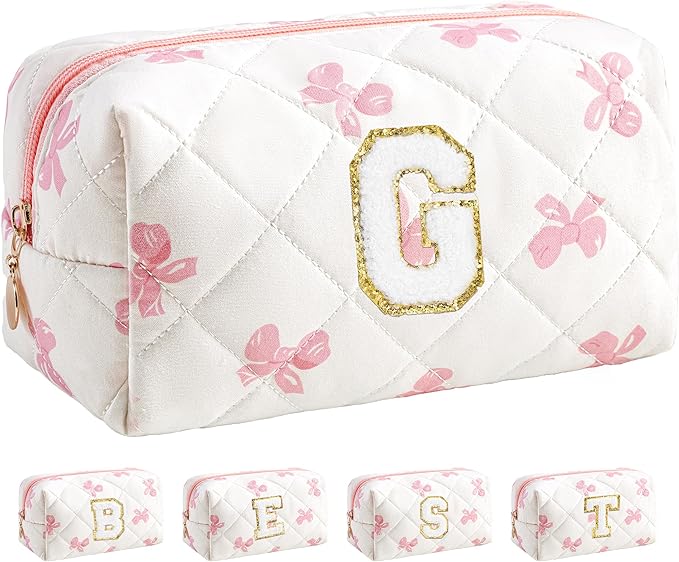 HBselect Initial Makeup Bag for Women, Pink Cosmetic Travel Toiletry Bag, Flowers Zipper Make Up Pouch Organizer Teen Girl Gifts Trendy Stuff G