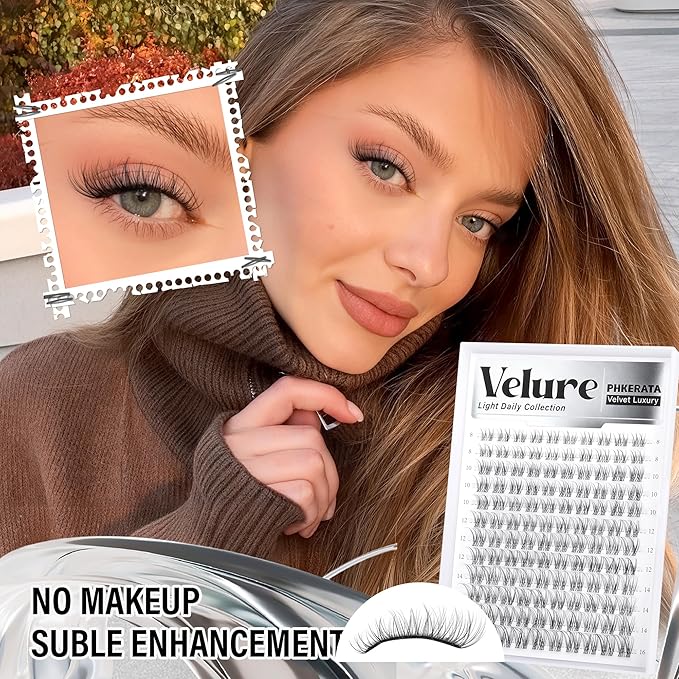 PHKERATA Velure Lash Clusters Natural Cluster Eyelash Extensions Wispy Individual Lashes Clusters DIY Ultra-Light Lash Extensions Soft C Curly Eye Lashes with Invisible Thin Band, 8-16mm, 120Pcs