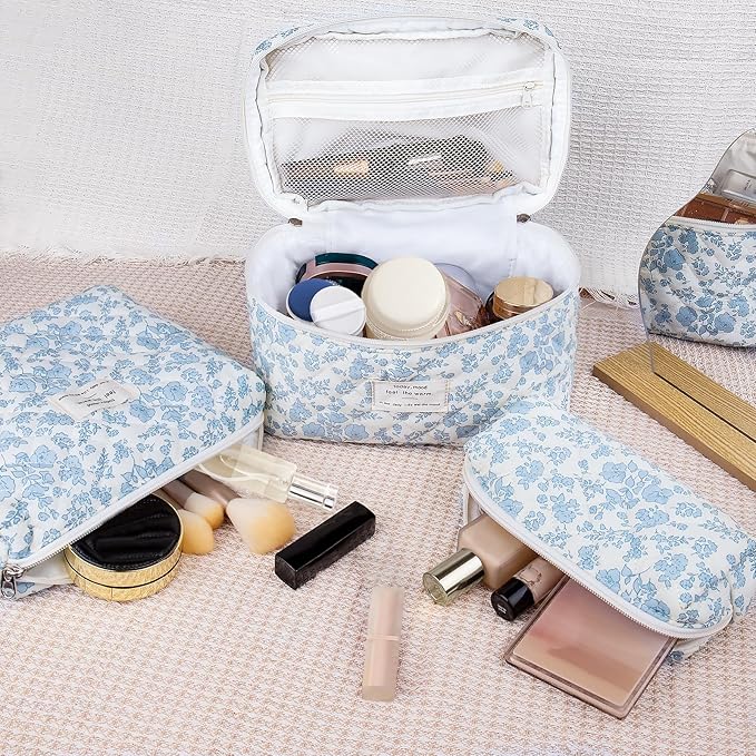 3PC Makeup Bag Set, Quilted Makeup Bag, Large Floral Cosmetic Bag for Women, Cute Cotton Makeup Bags, Flower Travel Toiletry Organizer Bag (Pink Flower)