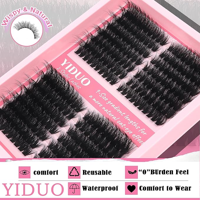 YIDUO Lash Clusters Kit 100D+150D 10-18mm Cat Eye Eyelash Extensions Kit Volume Wispy C/D Curl Left & Right Individual DIY Lash Extension Kit with Glue |Tweezers |Removers |Eyelash & Eyebrow Brush