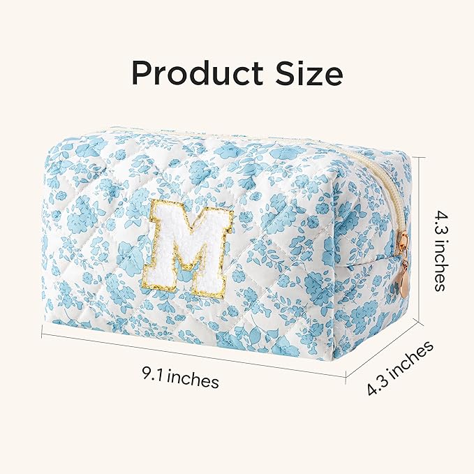 HBselect Initial Makeup Bag for Women, Quilted Cosmetic Travel Toiletry Bag, Flowers Zipper Make Up Pouch Organizer Teen Girl Gifts Trendy Stuff M