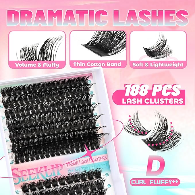 Lash Clusters Dramatic Thick Eyelash Extensions 188Pcs 100D 200D Fluffy Volume Lash Extensions Salon Quality Thick Individual Lashes for DIY Dramatic Look at Home (100D+200D)