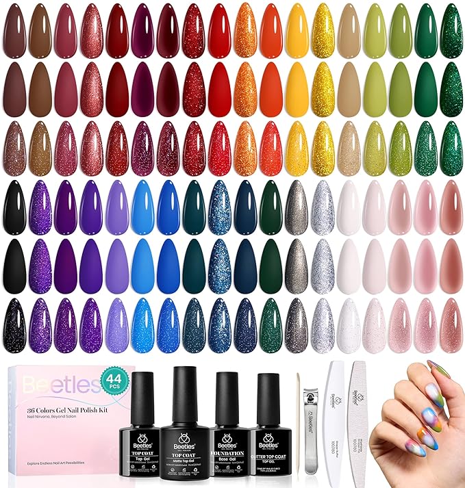Beetles Gel Nail Kit, Mystic Wonderland Gel Polish Set, 36 Colors Burgundy Brown Orange Red Polish Kit with Base Coat Glossy Matte & Glitter Top Coat Soak Off UV Led Nails Gifts for Women