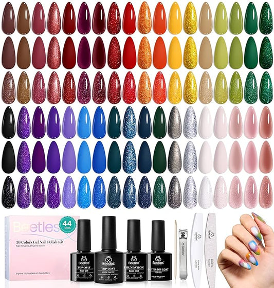 Beetles Gel Nail Kit, Mystic Wonderland Gel Polish Set, 36 Colors Burgundy Brown Orange Red Polish Kit with Base Coat Glossy Matte & Glitter Top Coat Soak Off UV Led Nails Gifts for Women