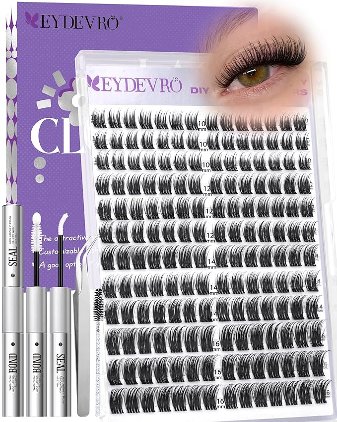 EYDEVRO Wispy Lash Clusters kit Eyelash Clusters Kit Natural Cluster Eyelash Extensions 10-16mm D Curl Cluster Lashes Salon-quality DIY Lash Extensions Kit at Home Lash Bond and Seal, Tweezers, Brush