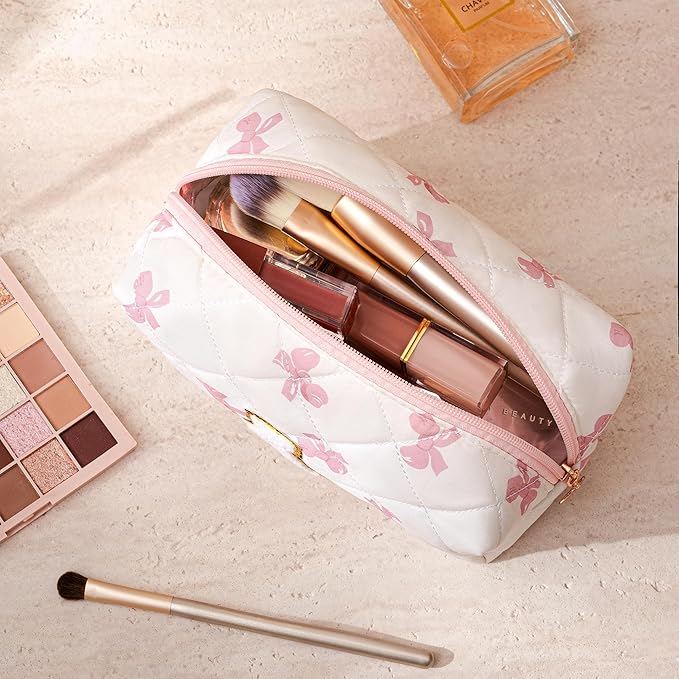 HBselect Initial Makeup Bag for Women, Pink Cosmetic Travel Toiletry Bag, Flowers Zipper Make Up Pouch Organizer Teen Girl Gifts Trendy Stuff G