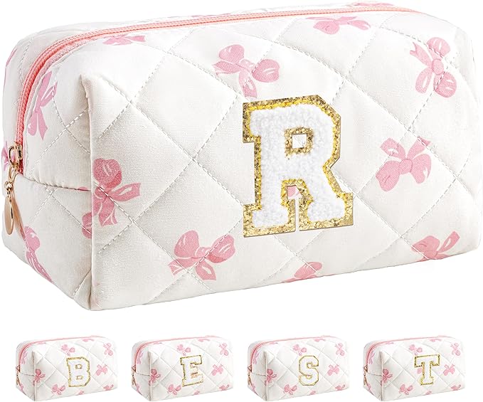 HBselect Initial Makeup Bag for Women, Pink Cosmetic Travel Toiletry Bag, Flowers Zipper Make Up Pouch Organizer Teen Girl Gifts Trendy Stuff R