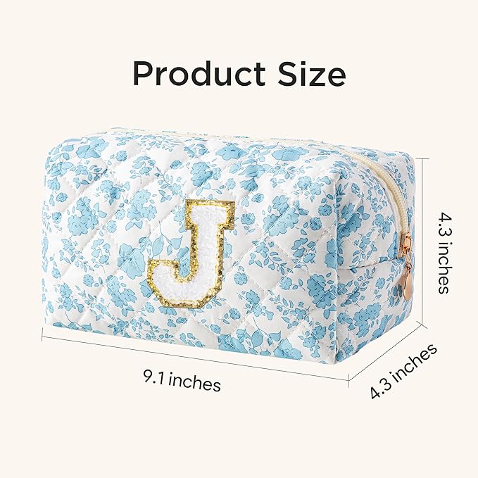 HBselect Initial Makeup Bag for Women, Quilted Cosmetic Travel Toiletry Bag, Flowers Zipper Make Up Pouch Organizer Teen Girl Gifts Trendy Stuff J