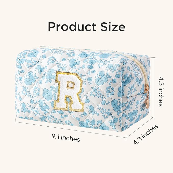 HBselect Initial Makeup Bag for Women, Quilted Cosmetic Travel Toiletry Bag, Flowers Zipper Make Up Pouch Organizer Teen Girl Gifts Trendy Stuff R