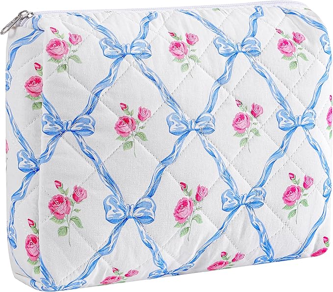 Cute Floral Makeup Bag Large Cotton Quilted Cosmetic Bag, Aesthetic Essential Bag Toiletry Period Bag for Women Travel Accessories (Blue Bowknot Rose)