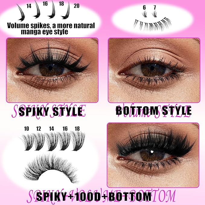 YIDUO 100D Volume Lash Clusters Kit with Long 14-16mm Lashes Spikes+Bottom Clusters Eyelash Extension Kit Thick 248Pcs D-curly Wispy Individual Lash Extensions Kit DIY Spiky Lash Bond and Seal