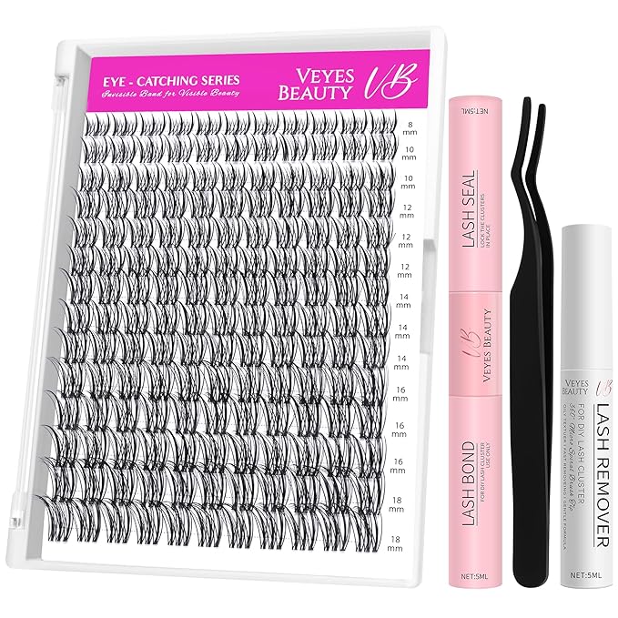 VEYESBEAUTY Flutter Lash Clusters Kit Individual Lash Extensions Eye-Catching Series DIY Dramatic Eyelash Wispy Faux Mink Lash Mixed Length Tray with Bond & Seal, Applicator at Home