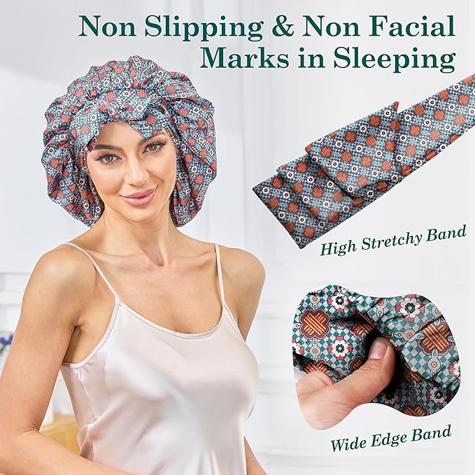 Silk Satin Bonnet for Sleeping Hair: Women Sleep Night Wrap Cap for Straight Wavy Curly Coily Kinky Natural Hair Head by Tie Band - Red & Green Crossed Flower + Pink