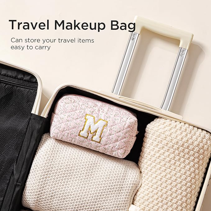 HBselect Initial Makeup Bag for Women, Pink Cosmetic Travel Toiletry Bag, Flowers Zipper Make Up Pouch Organizer Teen Girl Gifts Trendy Stuff H