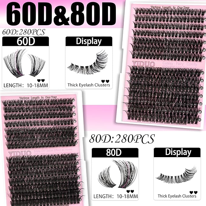YIDUO 4 Styles Lash Clusters Kit 60D+80D+100D+150D Volume Clusters Lashes Extensions Kit with 2 Bond and Seal 10-18mm Wispy D Curly Full DIY Individual Eyelash Extensions Kit DIY at Home Easily