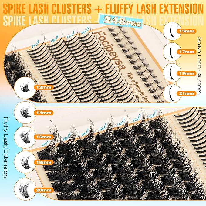 Focipeysa Volume Eyelash Clusters Kit with Spike Lash Cluster Bottom Individual Lash Extensions Wispy Individual Eyelash Extensions Kit with Lash Bond and Seal DIY Lash Clusters at Home