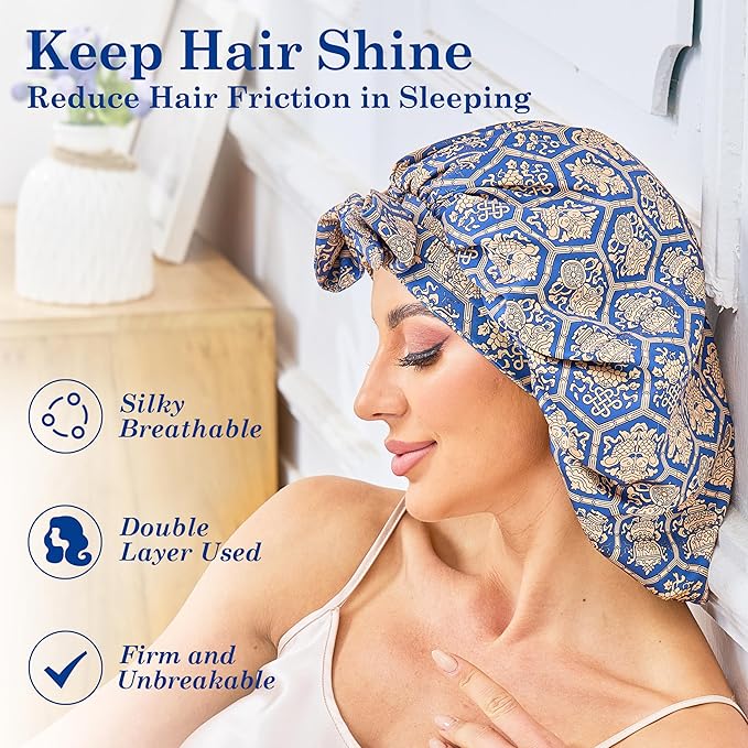 Silk Satin Bonnet for Sleeping Hair: Women Sleep Night Wrap Cap for Straight Wavy Curly Coily Kinky Natural Hair Head by Tie Band - Blue-Green & Gold Hexagon of Luck + Pink