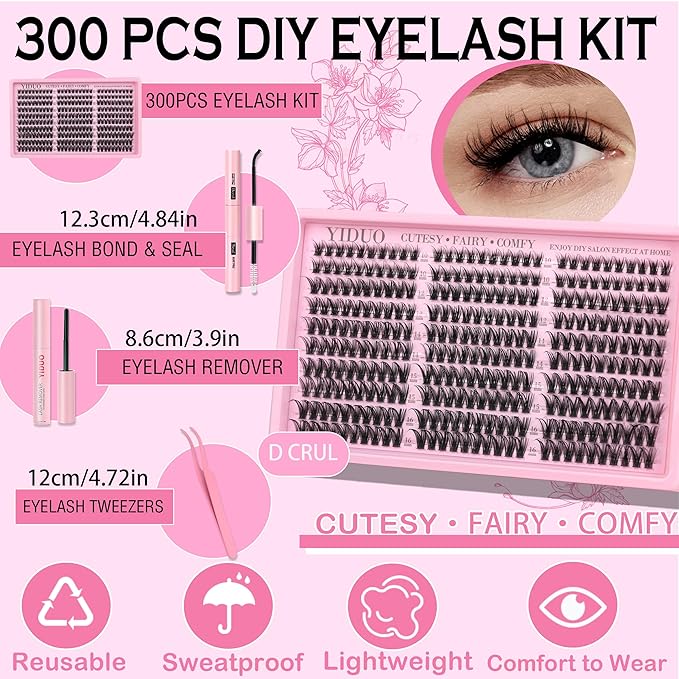 YIDUO Natural Wispy Eyelash Clusters Lashes Clusters Kit 10-16mm DIY Lashes Extension Kit 300pcs C Curl Individual Lashes Cluster with Lash Bond and Seal|Removers|Tweezers
