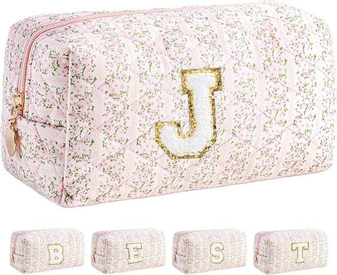 HBselect Initial Makeup Bag for Women, Pink Cosmetic Travel Toiletry Bag, Flowers Zipper Make Up Pouch Organizer Teen Girl Gifts Trendy Stuff J